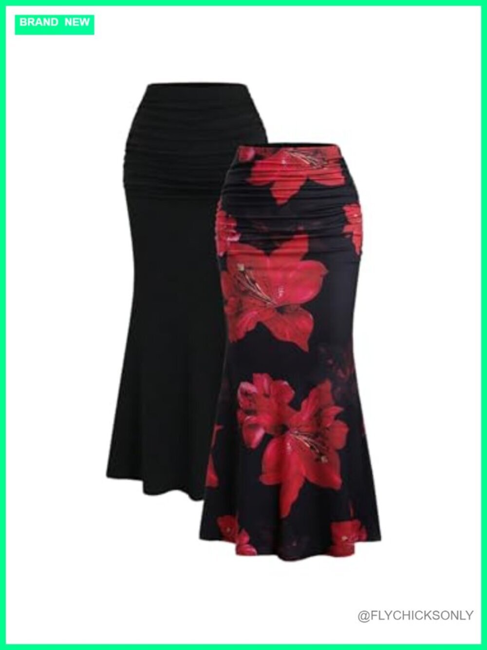 2 Pack Fishtail Skirt Floral Ruched Bodycon Midi Skirt Set